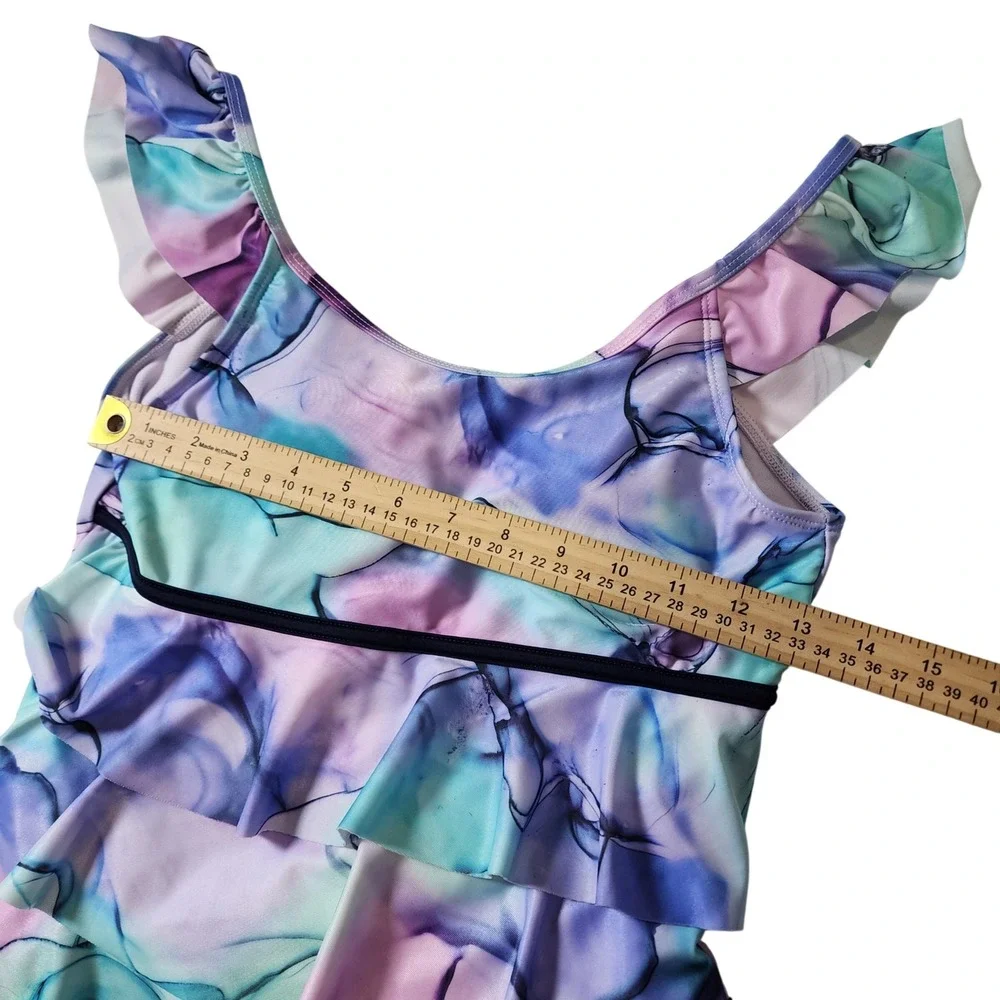 Justice Girls Purple Blue Marble Swirl Ruffle Tankini Swimsuit Set XL 16/18
